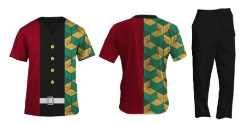 Kamado Siblings Demon Slayer Collage Design Scrub Top with Tanjiro and Nezuko in Scenic Background TS04